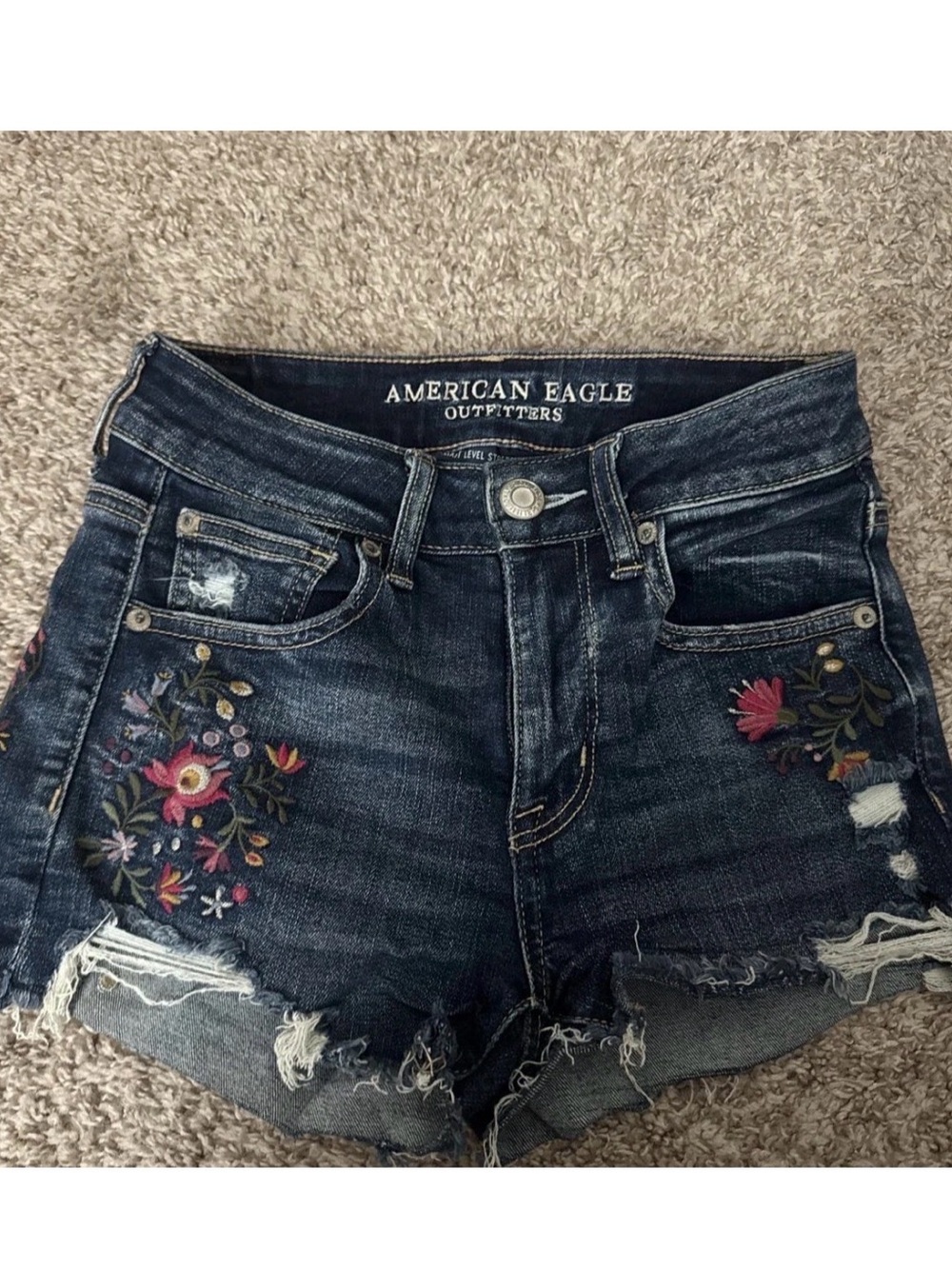 American Eagle Outfitters Dark Wash Embroidered Women’s Denim Shorts - Floral